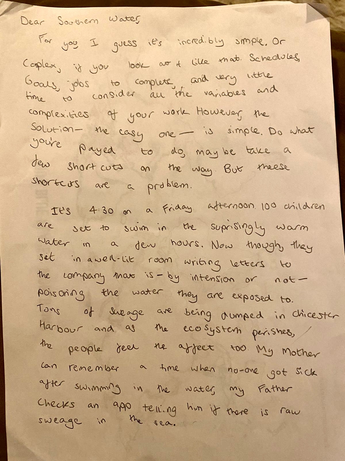 Letter by 12 year old Ruthie Gawley to Southern Water about sewage discharges